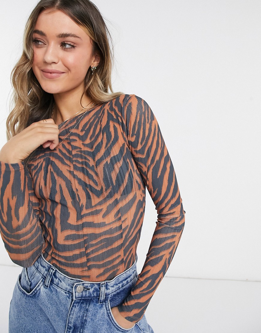 Topshop tiger print mesh long sleeve top in rust-Orange