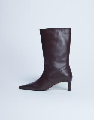Topshop - Tiggy - Bottes à talon hauteur mollet en cuir véritable de qualité supérieure - Bordeaux-Rouge