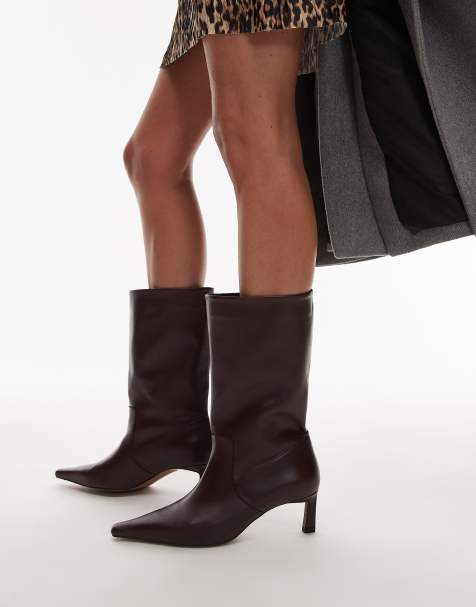Topshop - Tiggy - Bottes à talon hauteur mollet en cuir véritable de qualité supérieure - Bordeaux - view 1