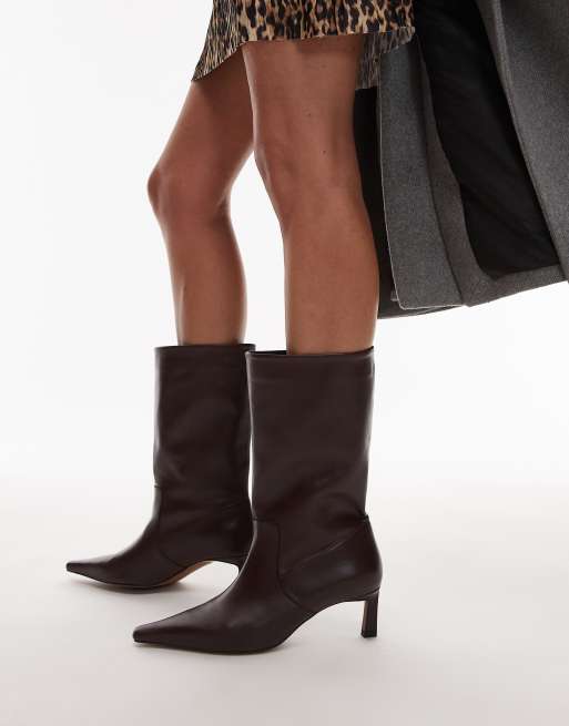 Topshop - Tiggy - Kuithoge laarzen met hak van premium leer in bordeauxrood