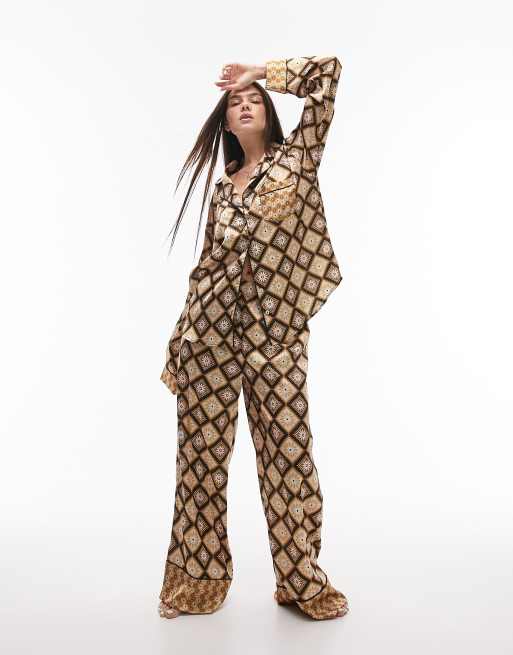 Topshop tile print satin piped shirt and trouser pyjama set in multi