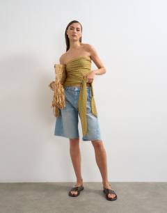 Tile print tie detail bandeau top in green