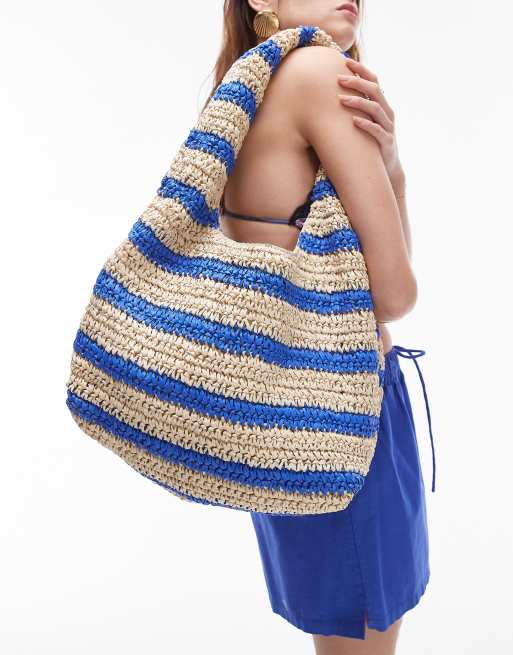 Topshop – Tilly – Abgerundete Schultertasche aus Stroh mit Streifen in Blau