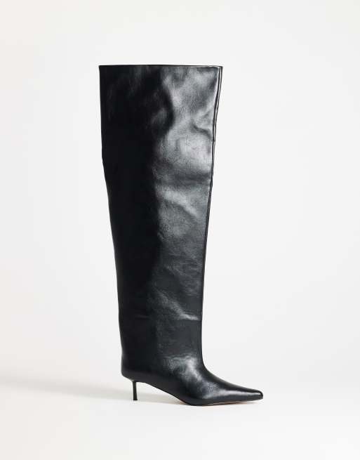 Topshop Tilly overknee-støvle med super bred pasform og kitten-hæl i sort, 1 af 4