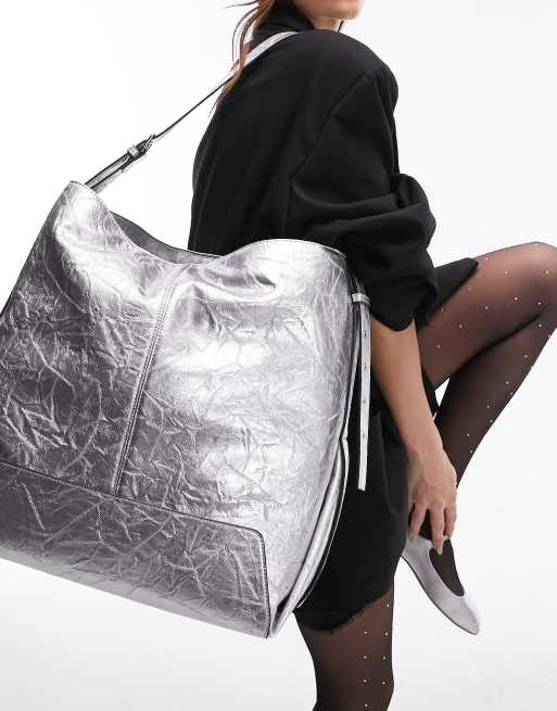 Topshop - Tilly - Oversized tote met gesp en gevouwen detail in zilver