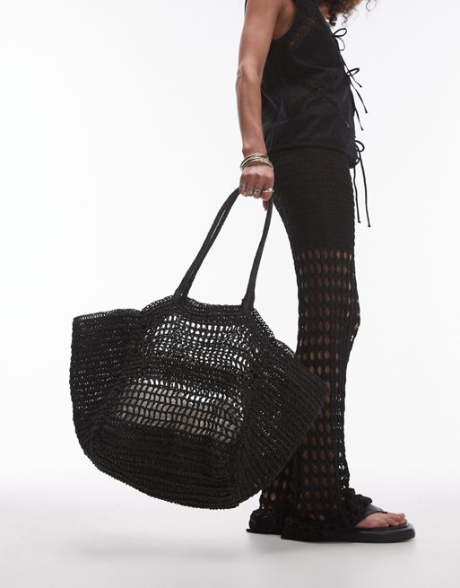 Topshop Timi woven straw flap tote bag in black