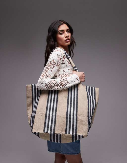 Topshop – Tina – Beige, randig väska i kanvas