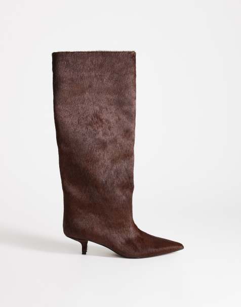 Topshop Tina - botas hasta la rodilla con tacón bajo de piel auténtica en castaño - view 1