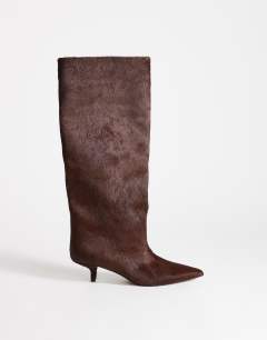 Model wearing Tina hair on real leather kitten heel knee boot in chestnut
