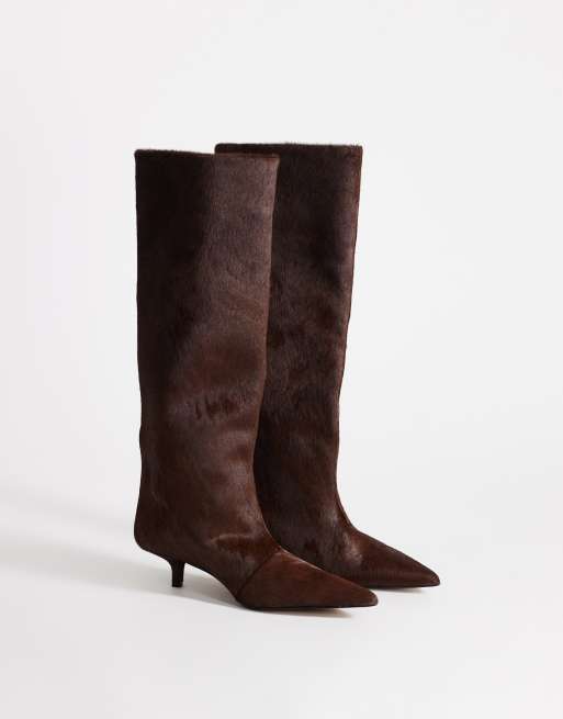 Topshop Tina hair on real leather kitten heel knee boot in chestnut, 2 of 4