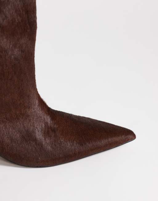 Topshop Tina hair on real leather kitten heel knee boot in chestnut, 3 of 4