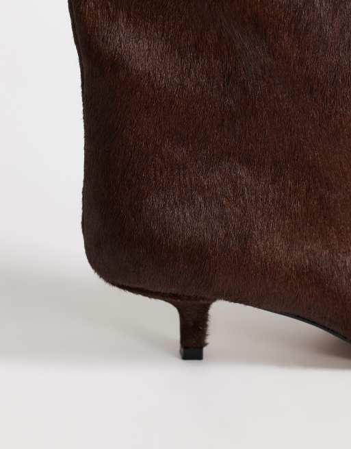 Topshop Tina hair on real leather kitten heel knee boot in chestnut, 4 of 4