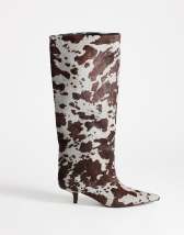 Topshop Tina hair on real leather kitten heel knee boot in grey leopard