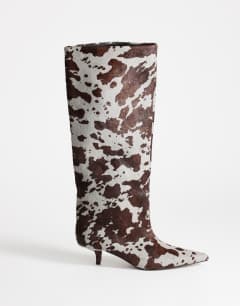 Tina hair on real leather kitten heel knee boot in grey leopard