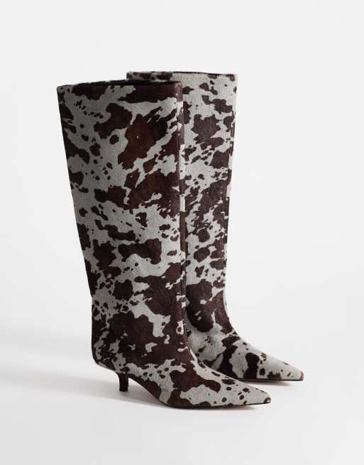 Topshop Tina hair on real leather kitten heel knee boot in grey leopard, 2 of 4