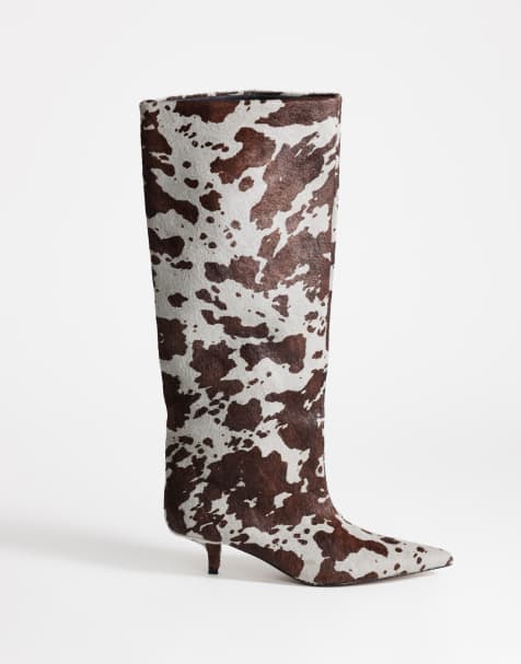 Topshop Tina hair-on-real leather kitten heel knee boots in gray leopard - view 1