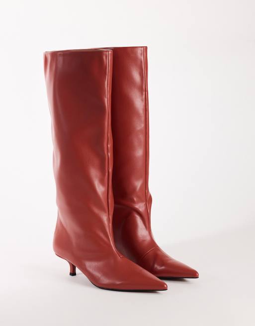 Topshop Tina kitten heel knee boot in red, 2 of 4