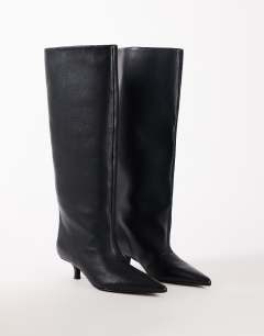 Model wearing Tina real leather kitten heel knee boot in black