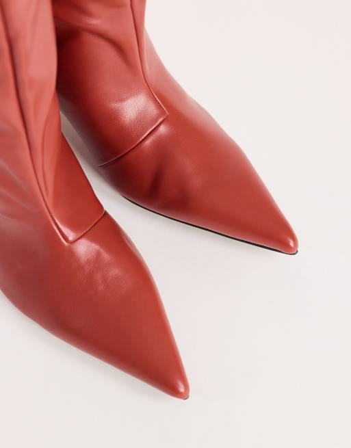 Topshop Tina real leather kitten heel knee boot in red, 3 of 4