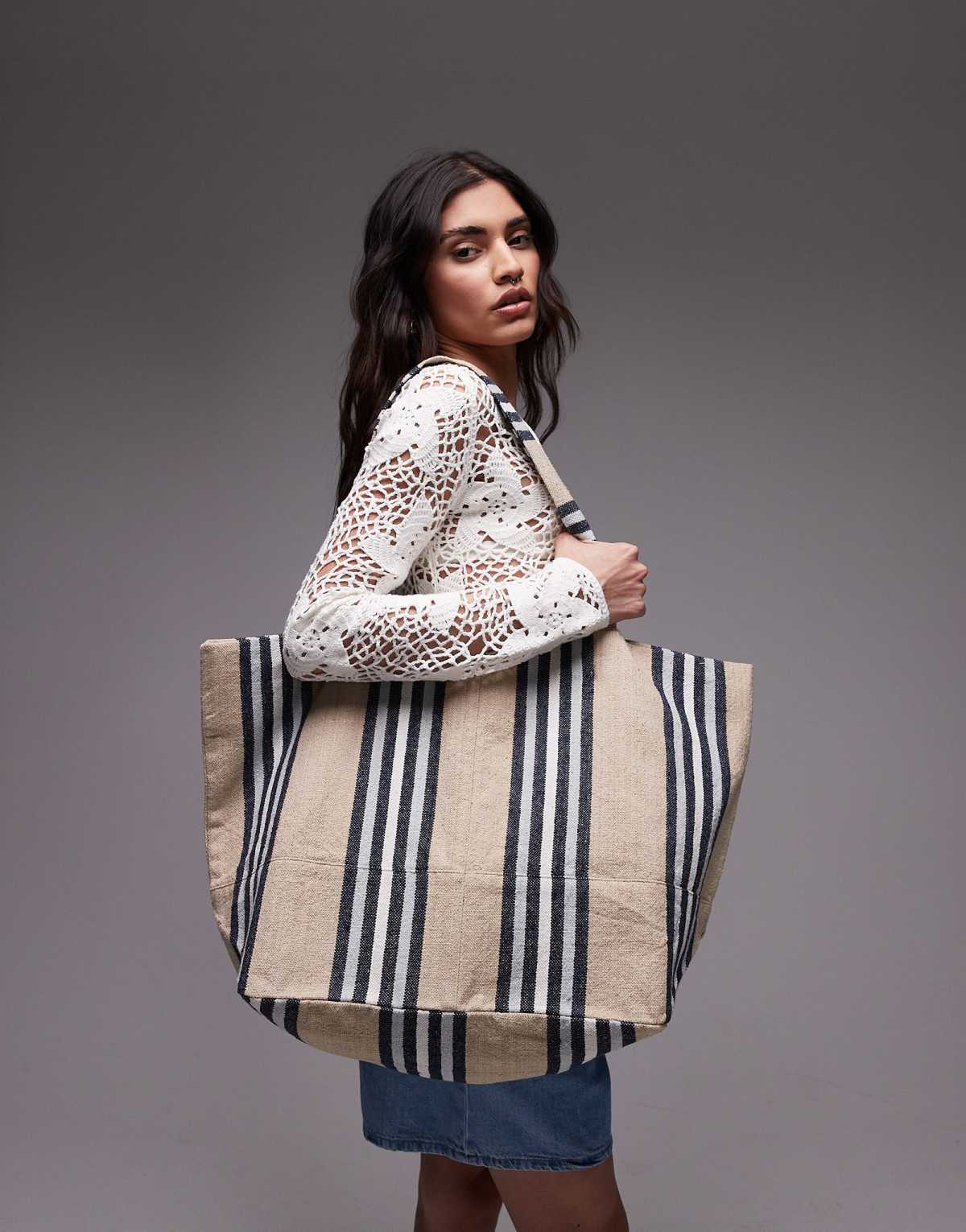 Topshop Tina stripe canvas bag in neutral stripe