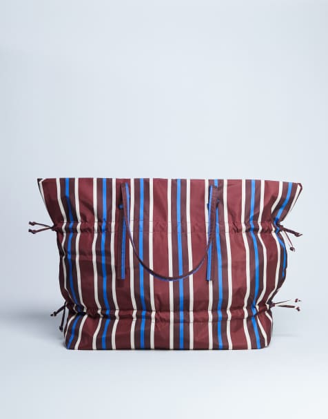 Topshop – Tino – Bordowa nylonowa torba typu tote z marszczeniem w paski - view 1