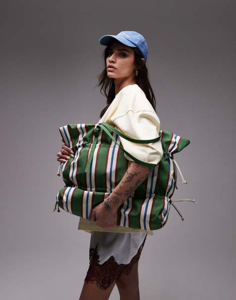 Topshop - Tino - Borsa shopping in nylon verde a righe con arricciature - view 1