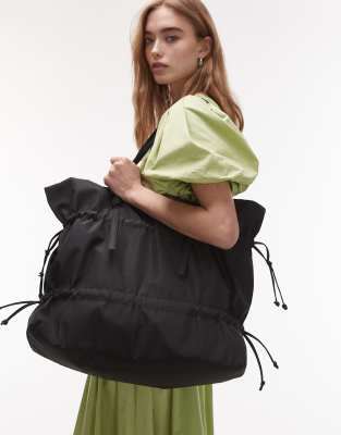 Topshop - Tino - Geraffte Tragetasche aus Nylon in Schwarz