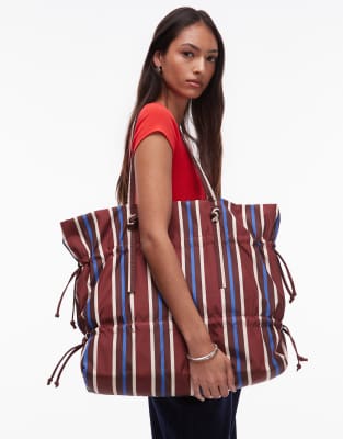 Topshop Tino nylon ruched tote bag in burgundy stripe - view 1