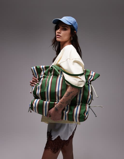 Topshop – Tino – Zielona nylonowa torba typu tote z marszczeniem w paski