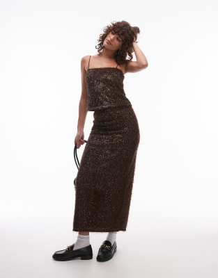 Shop Topshop Tinsel Midi Skirt In Brown