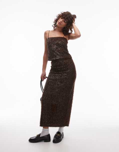 Topshop tinsel midi skirt in brown - view 1