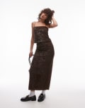 Topshop tinsel midi skirt in brown