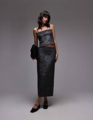 Topshop Tinsel Midi Skirt In Gunmetal-multi