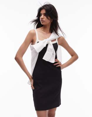 tipped contrast ribbed mini dress in black and white