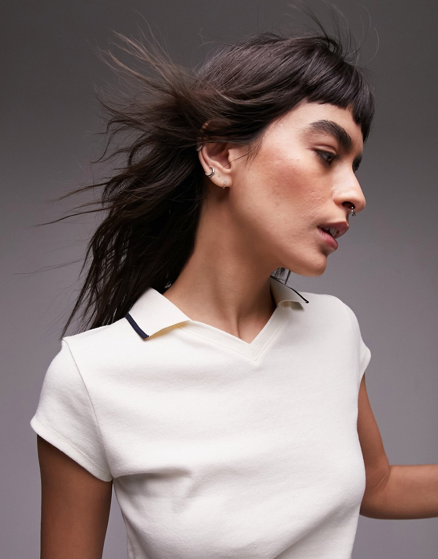 Topshop Tipped Shrunken Polo Top In Stone-neutral