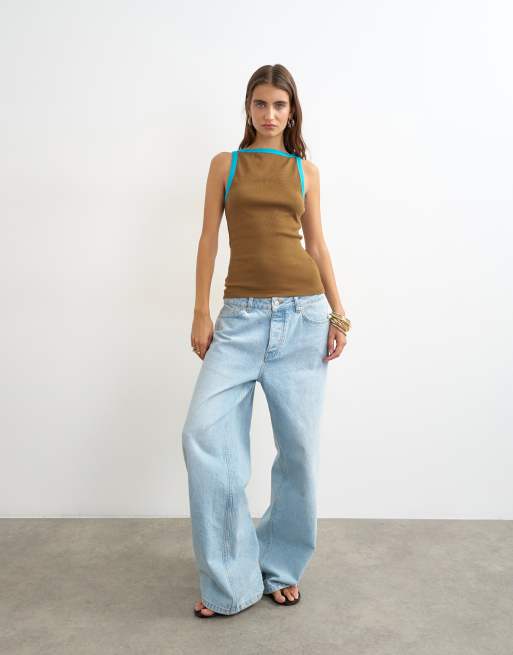Topshop tipping slash neck racer singlet in chocolate, 2 of 4