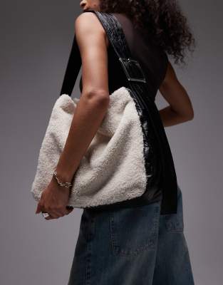 Topshop Tish shearling tote bag with contrast strap in cream & black - view 1