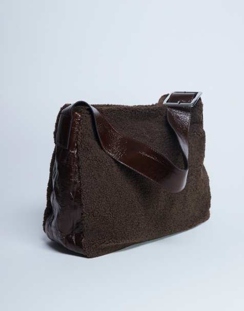 Topshop - Tish - Tote tas van schapenvacht met contrastband in donkerbruin - view 1