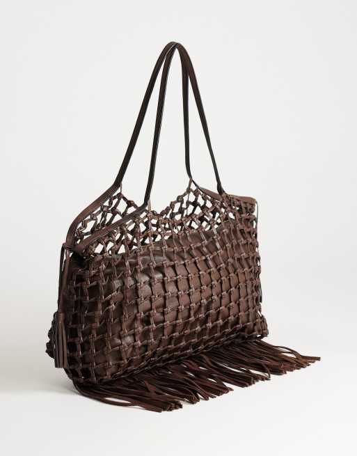 Topshop Tobias large woven tote in chocolate, 3 of 4