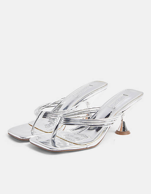 Topshop toe post kitten heel sandals in silver | ASOS