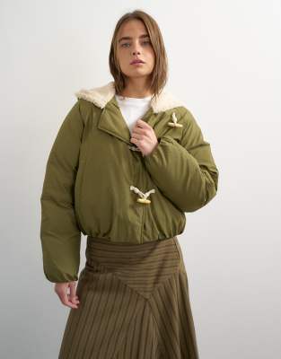Topshop Toggle Borg Collar Short Puffer Jacket In Green