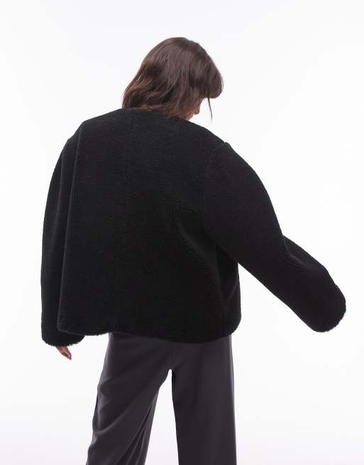 Topshop toggle short collarless borg coat in black