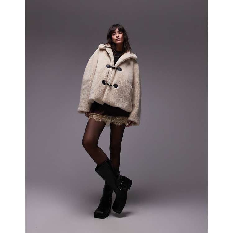 Topshop Toggle Short Borg Coat in cream Neutral