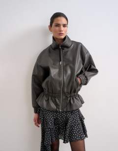 Toggle waist leather look funnel zip through jacket in black