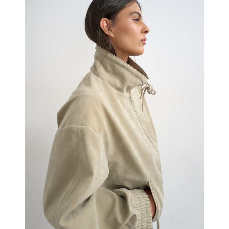 Topshop toggle waist leather look zip up jacket in taupe | ASOS
