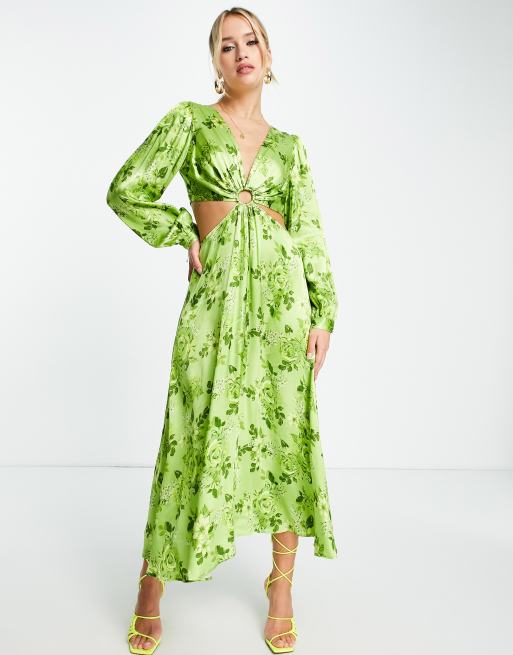 Topshop tonal rose print ring detail cut out maxi dress in green | ASOS