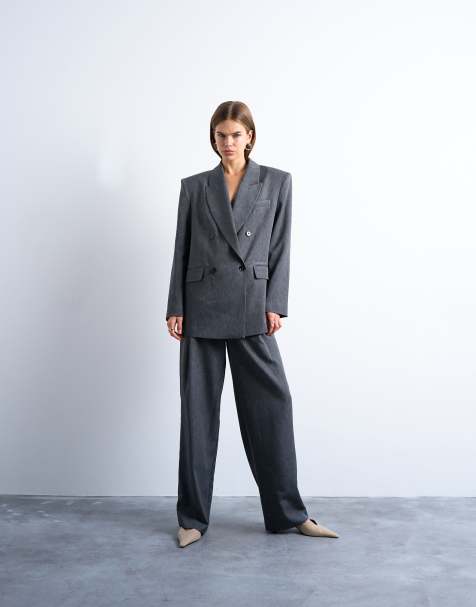Topshop tonic 80s double breasted oversized suit blazer in grey - view 1