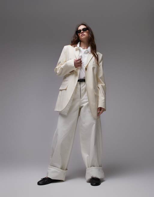 Topshop tonic high break tailored blazer in cream, 3 of 4