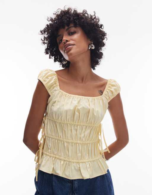 Topshop - Top a balze color latticello con arricciature e allacciatura laterale