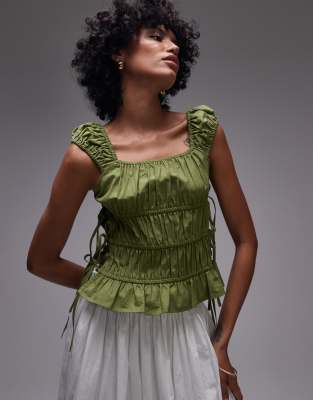 Topshop - Top a balze verde con arricciature e allacciatura laterale - view 1
